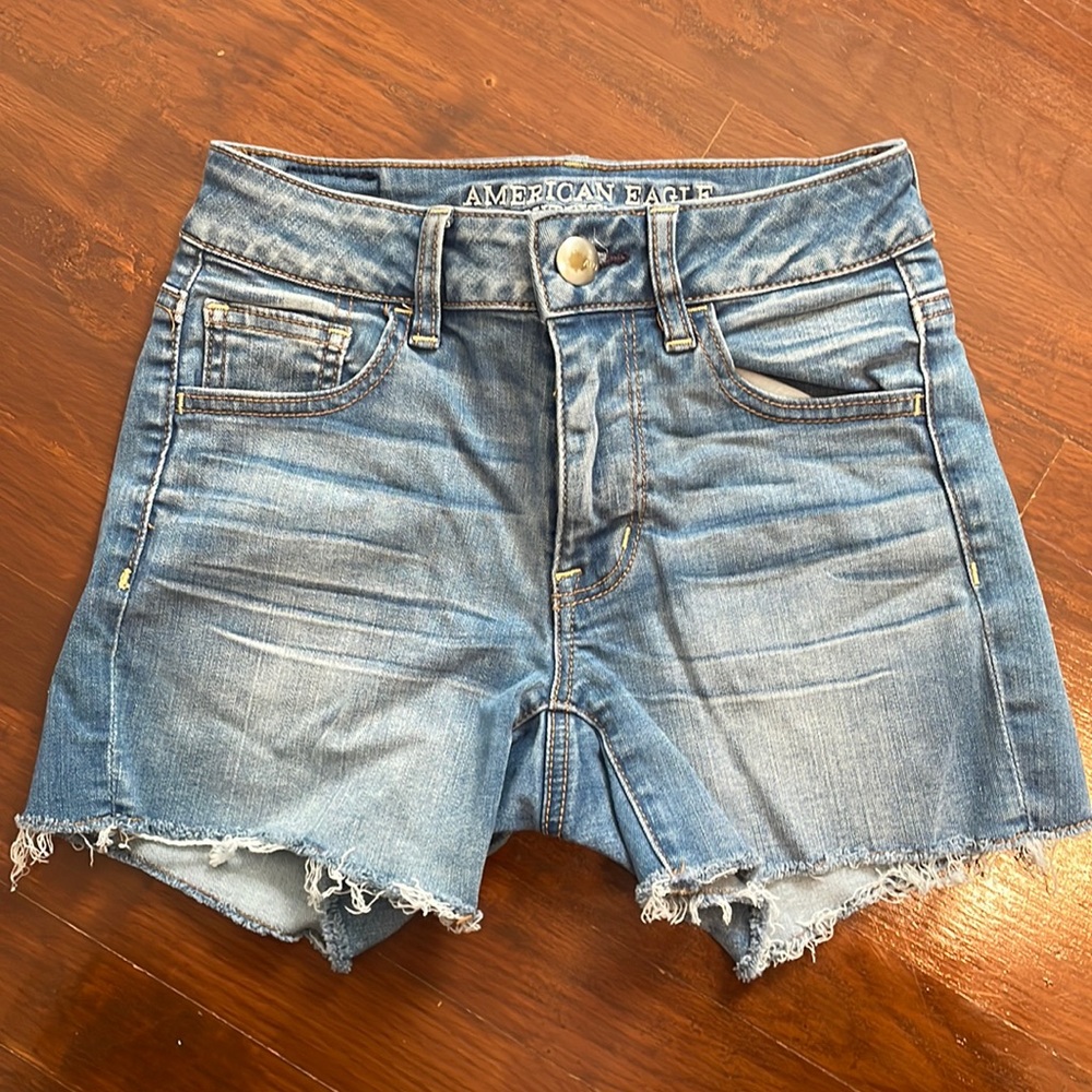 American Eagle High Rise Shortie Super Stretch Blue Denim Shorts